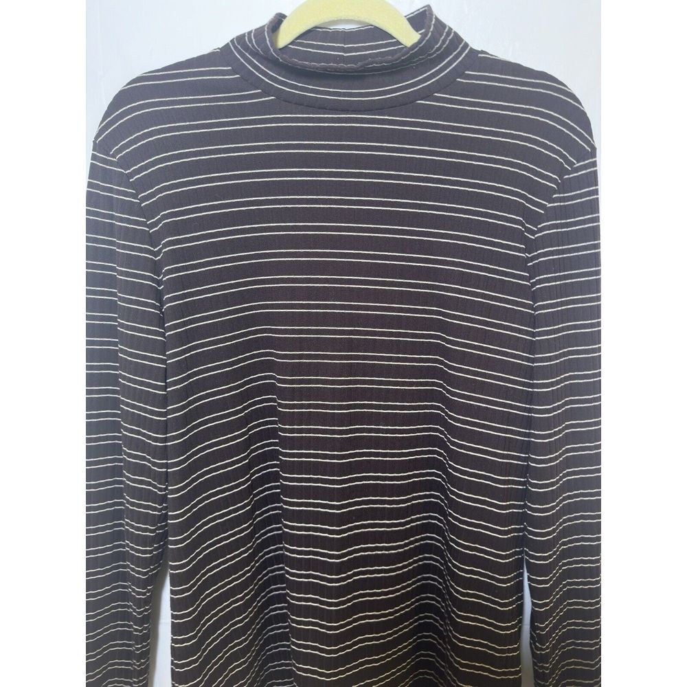 LANDS' END Stretch Cotton Striped Turtleneck' Brown And White Size Large - Picture 2 of 5